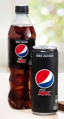 Pepsi-Max-Flasche und -Dose im bisherigen Design