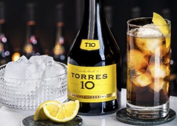 Eine Flasche Torres 10 mit Longdrinkglas