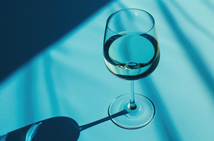 Weinglas auf einer hellblauen Oberfläche