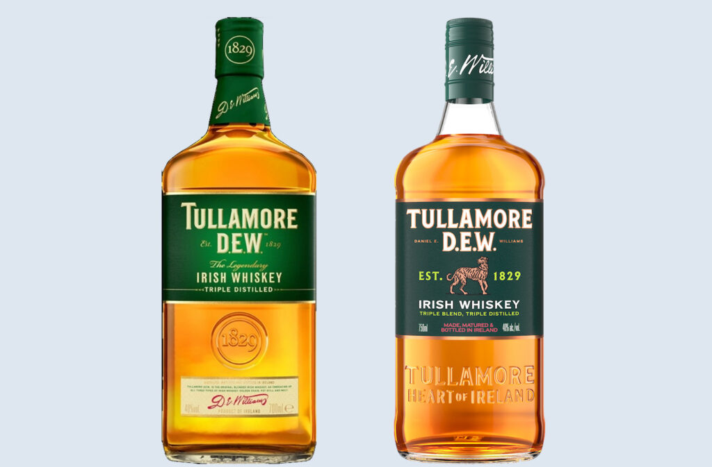 Tullamore Dew in der bisherigen (links) und der neuen Flaschenausstattung