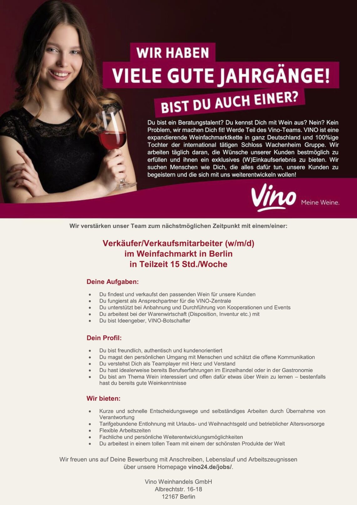Stellenangebot Verkäufer/Verkaufsmitarbeiter (w/m/d) Weinfachmarkt Teilzeit 15 Std./Woche Vino Weinhandelsgesellschaft