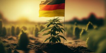Deutschland-Flagge neben Cannabis-Pflanze auf einem Feld