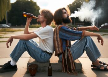 Foto von zwei Männer, Rücken an Rücken sitzende, einer trinkt Bier, der andere raucht einen Joint