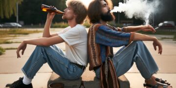 Foto von zwei Männer, Rücken an Rücken sitzende, einer trinkt Bier, der andere raucht einen Joint
