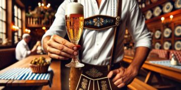 Foto eine Mannes in Tracht in einem bayerischen Wirtshaus mit einem Pilsglas in der Hand