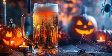 Foto von Bierglas, daneben Halloween-Dekoration