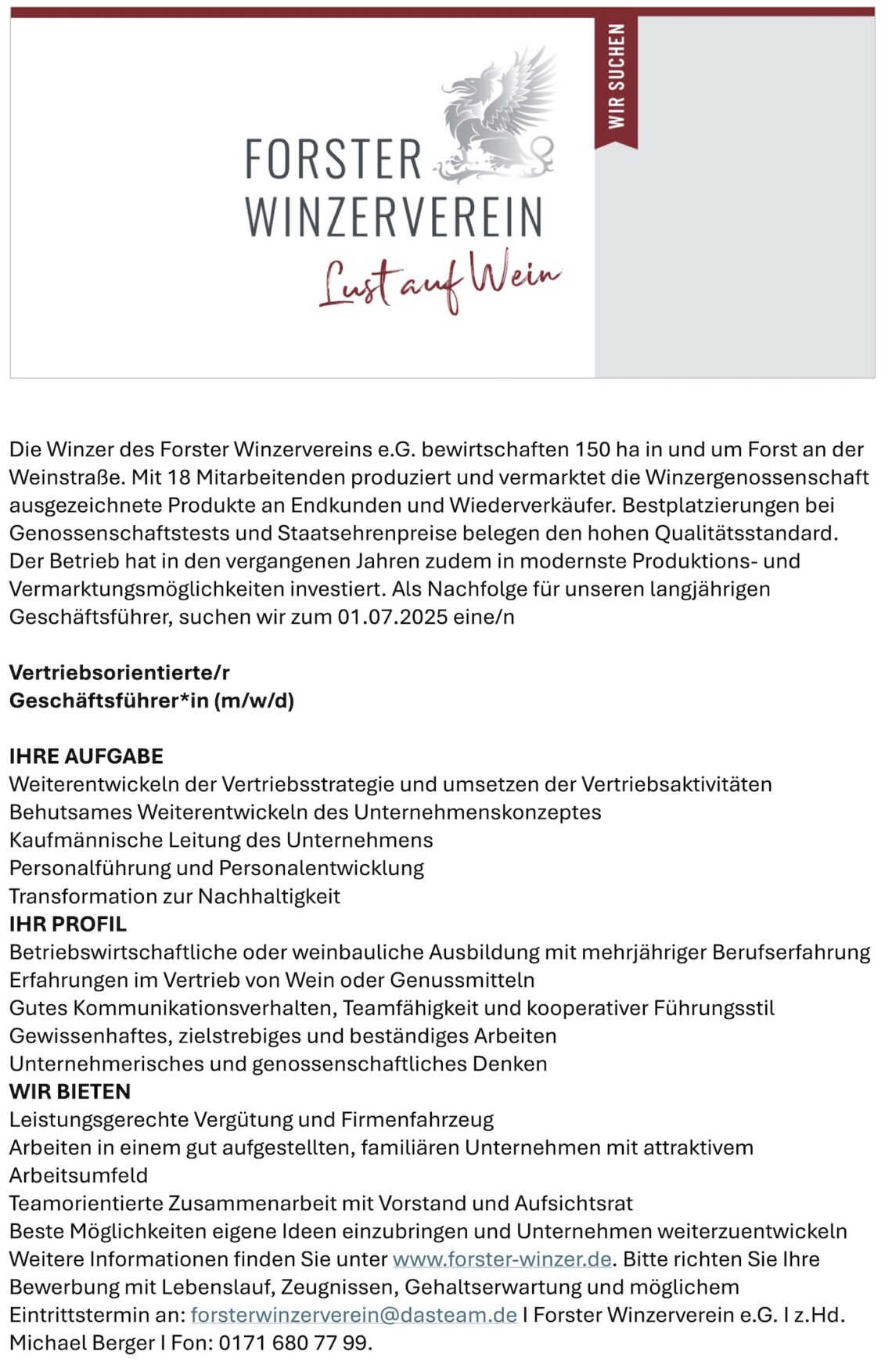 Stellenangebot Vertriebsorientierte/r Geschäftsführer*in (m/w/d), Forster Winzerverein, Forst an der Weinstraße