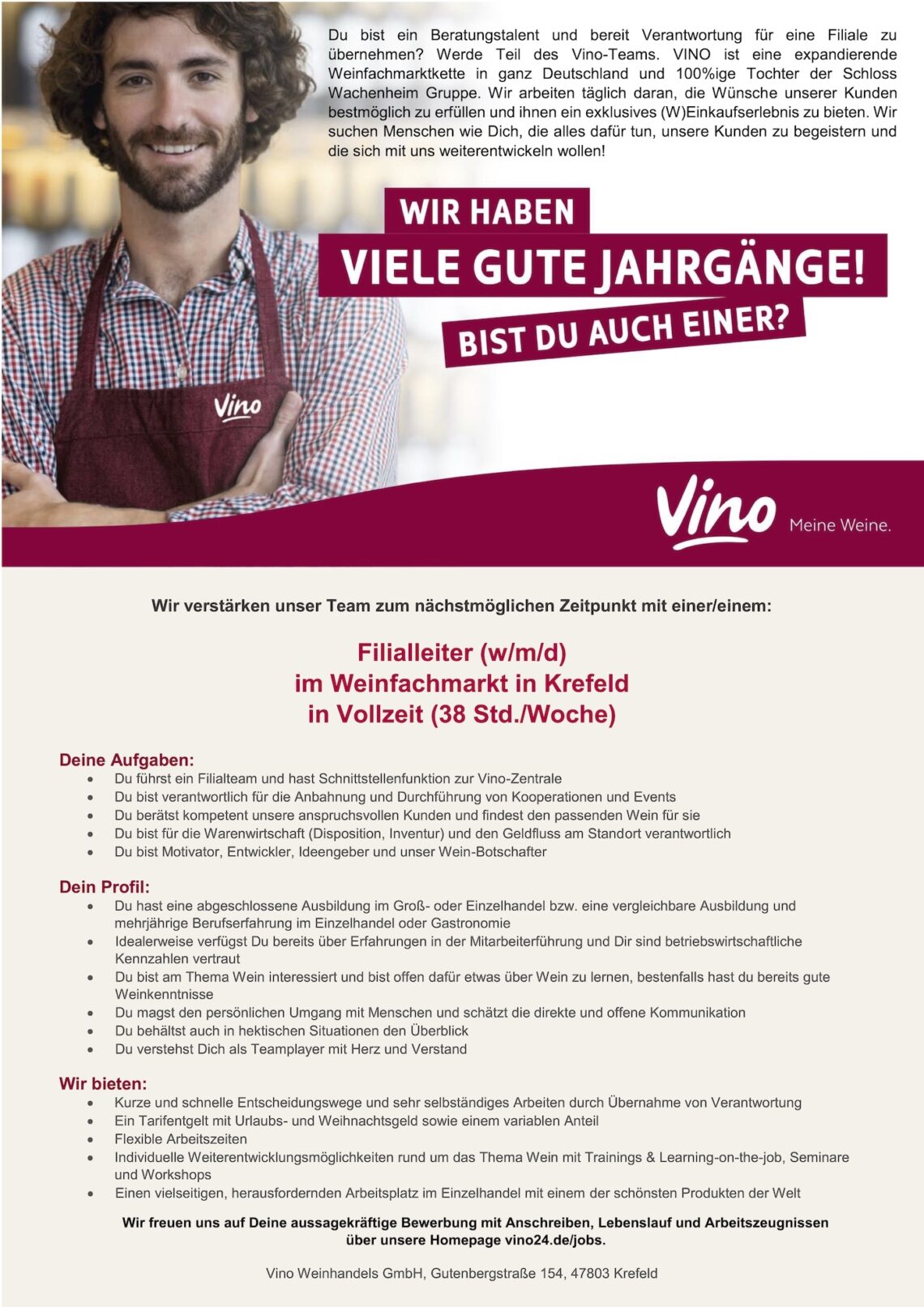 Stellenangebot Filialleiter (w/m/d) Weinfachmarkt Vollzeit, Vino Weinhandels GmbH, Krefeld