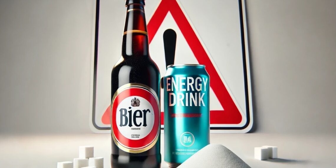 Warnschild, davor steht eine Flasche Bier und eine Dose Energy Drink, daneben Zuckerwürfel