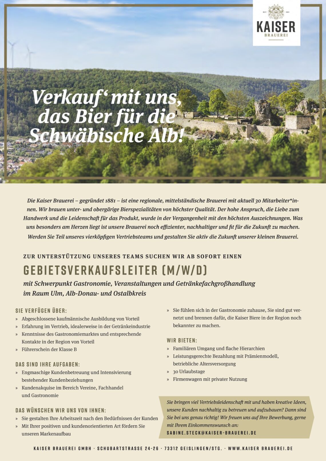 Stellenangebot Gebietsverkaufsleiter (m/w/d) Kaiser Brauerei, Raum Ulm/Alb-Donau- und Ostalbkreis