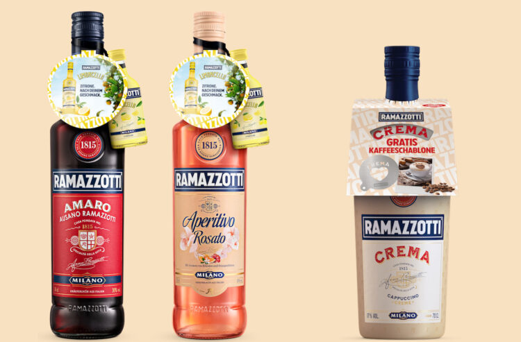 Ramazzotti Amaro und Aperitivo mit Limoncello-Mini als Onpack, Ramazzotti Crema mit Kaffeeschablone