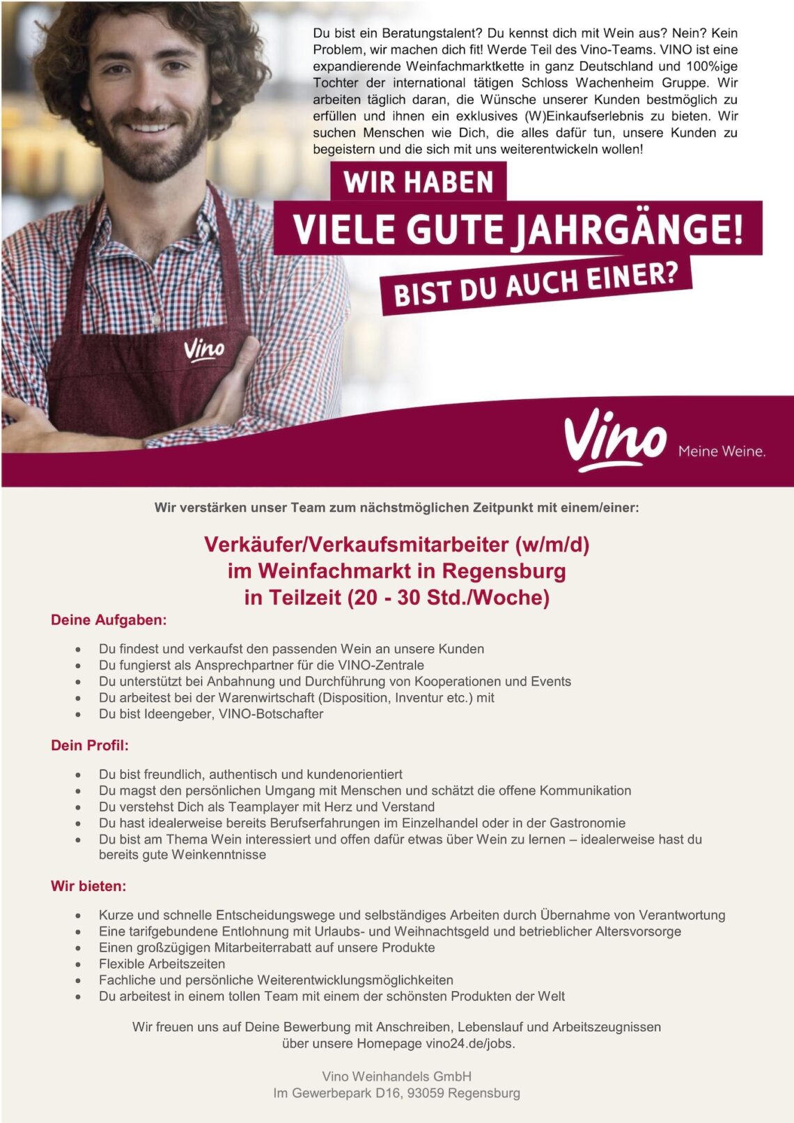 Stellenangebot Verkäufer/Verkaufsmitarbeiter (w/m/d) Weinfachmarkt, Vino Weinhandels GmbH, Regensburg