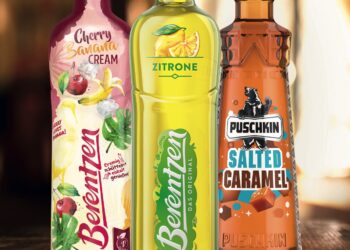 je eine Flasche Berentzen Cherry Banana Cream, Berentzen Zitrone und Puschkin Salted Caramel