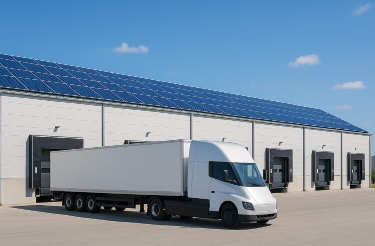 Bild eines Logistikzentrums mit Solarpanels auf dem Dach