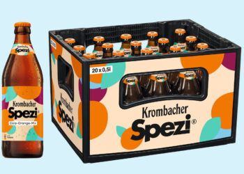 Foto von der neuen Halbliterflasche Krombacher Spezi und dem neuen Kasten