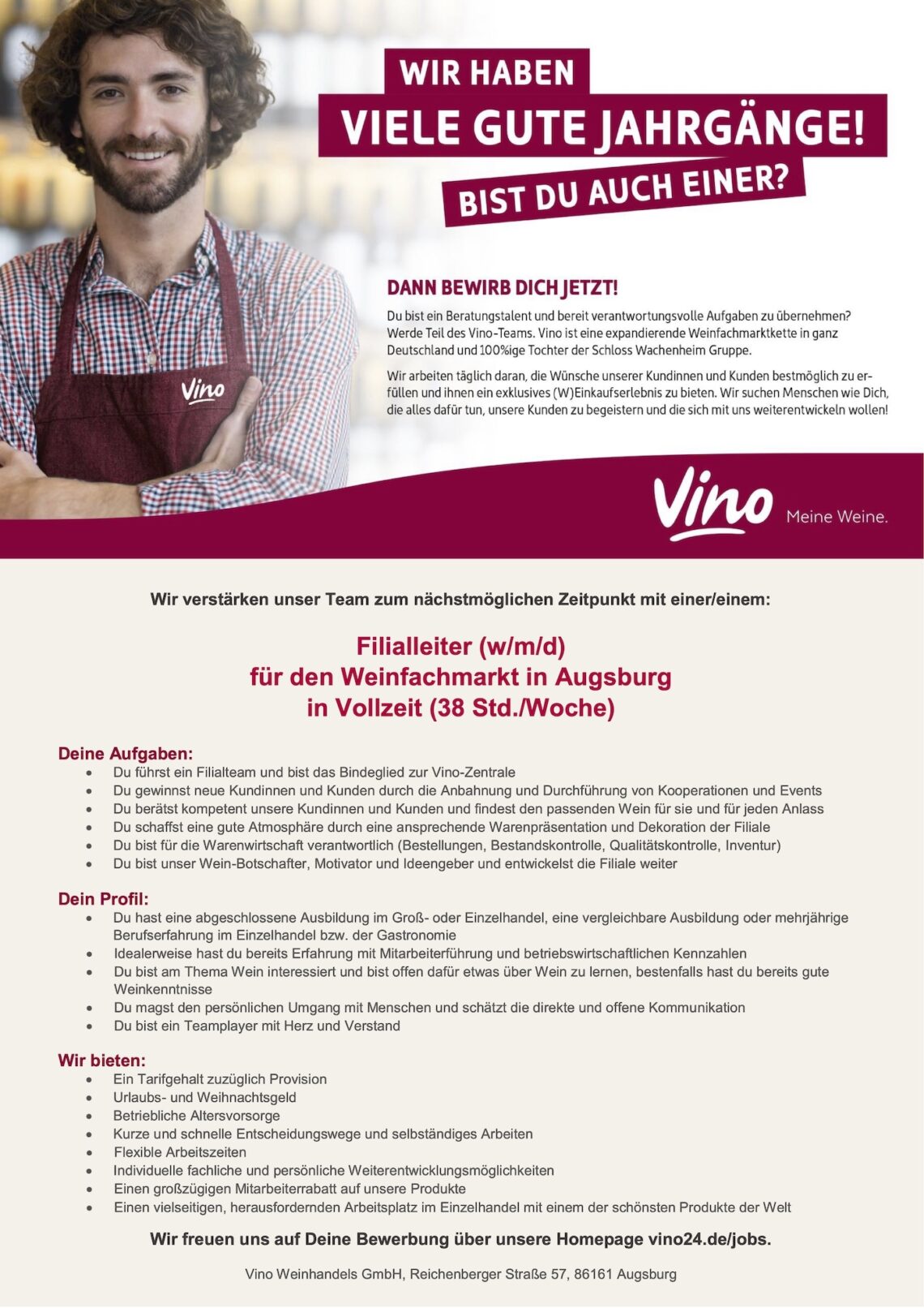 Stellenangebot Filialleiter (w/m/d) Weinfachmarkt Augsburg, Vino Weinhandels GmbH