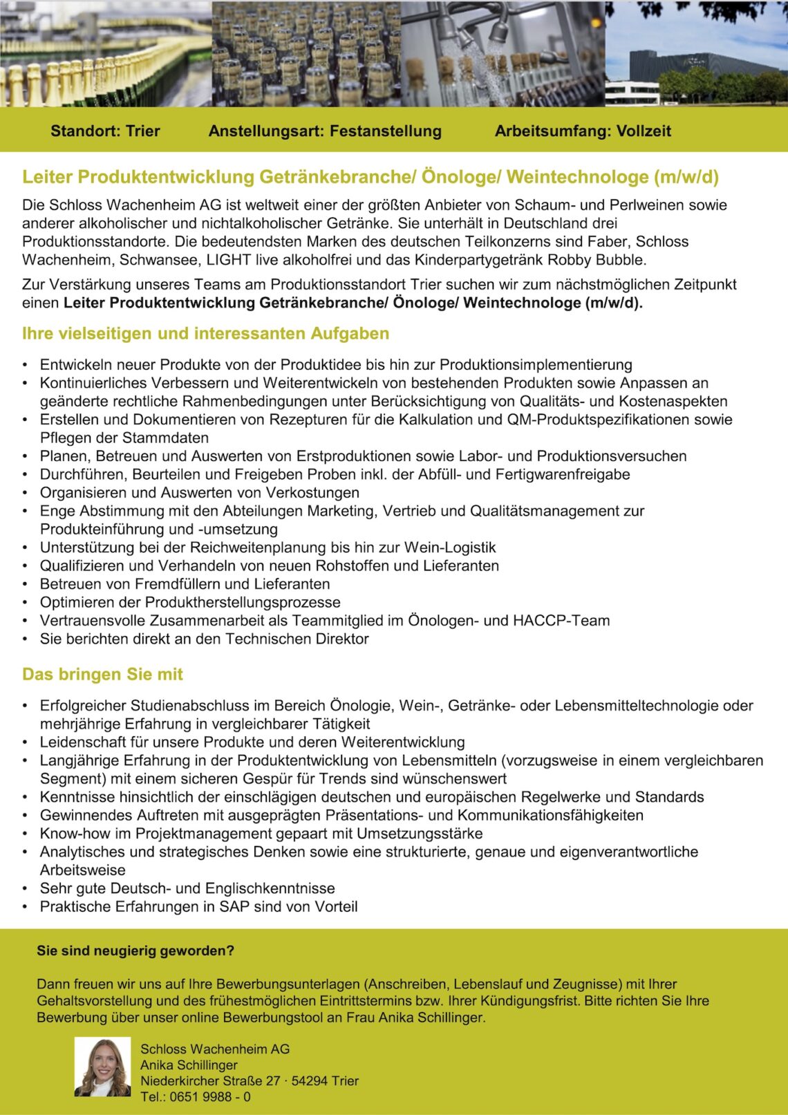 Stellenangebot Schloss Wachenheim AG, Trier, Leiter Produktentwicklung Getränkebranche/Önologe/Weintechnologe (m/w/d)