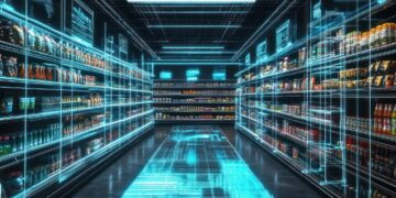 futuristischer Supermarkt mit blauer Neonbeleuchtung