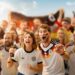 eine Gruppe von Fußball-Fans mit Deutschland-Flaggen, im Vordergrund eine Frau mit Bitburger-Flasche