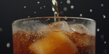 Foto eines Glases gefüllt mit Eiswürfeln und Cola