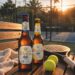 Zwei Bitburger-Flaschen, ein Padel-Schläger und zwei Bälle auf einer Bank vor einem Padel-Court